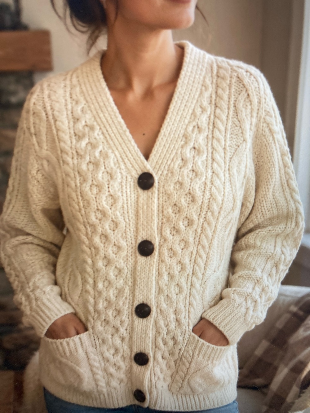 Chunky Cable Ireland Knit Fisherman Cardigan Cream Wool Vintage Aran Style